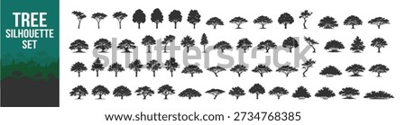 Tree silhouette vector illustration with forest foliage nature plant greenery landscape oak pine palm deciduous conifer canopy ecology wild botanical scenic environment on transparent background

