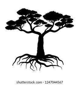 Tree silhouette Vector Illustration. Illustration tree with roots and leafs
