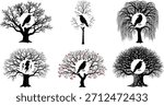 Tree silhouette vector illustration set with perched crow designs, abstract forest artwork, decorative nature collection, mysterious bird inspired graphics, seasonal creative elements
