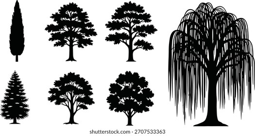 Conjunto de Ilustración vectorial de silueta de árbol, íconos de naturaleza negros, Paquete Clipart de dosel diverso, Formas artísticas de árboles para diseño, uso botánico, estacional, abstracto y educativo