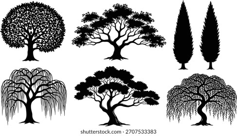 Conjunto de Ilustración vectorial de silueta de árbol, íconos negros de la naturaleza, Paquete Clipart de dosel diverso para el diseño, uso botánico, estacional, abstracto, educativo y paisajístico