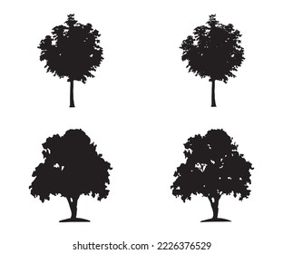 Vector de silueta de árbol. Silhouettes de árboles forestales aislados en negro sobre fondo blanco. Conjunto vector de siluetas de árboles