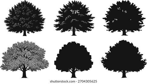 Conjunto de vetor de silhueta de árvore, ícones de natureza preta, diversas formas de dossel, conjunto de clipart artístico para design, botânico, sazonal, abstrato e uso de paisagem