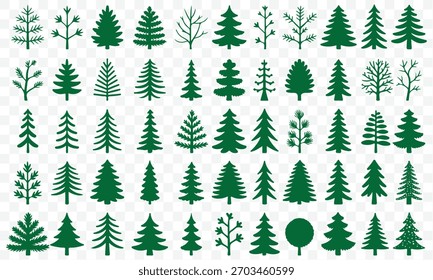 Conjunto de vetor de silhueta de árvore, ícones de coníferas, clipart floresta negra, gráficos em forma de pinho, elementos de design de natureza, pacote de ilustração de inverno. Coleção de oito silhuetas de árvore de Natal preto estilizado 