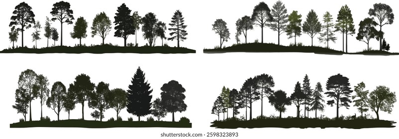 Tree Silhouette Vector Set, Forest Landscape Illustration.