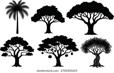 Conjunto de Vector de silueta de árbol, palmeras y árboles frutales, Formas artísticas de dosel, íconos botánicos negros, Paquete de ilustración de naturaleza, Elementos gráficos forestales