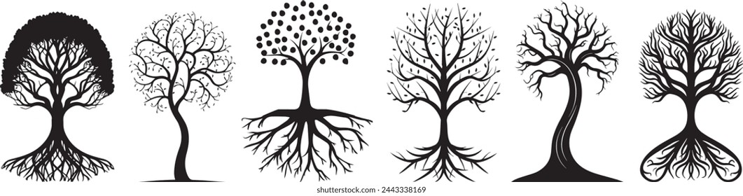  Vector de silueta de árbol. Conjunto de siluetas. siluetas de árboles sobre el fondo blanco.