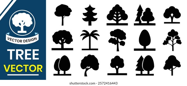 Tree silhouette, vector set. Set of silhouettes of trees icon. Set of trees vector. Collection of different type of tree, pine, Christmas, palm, coconut, banyan tree. Vector illustration.