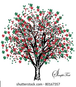 tree silhouette with white and green flowers, symbol of nature