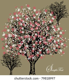 tree silhouette with white and red flowers, symbol of nature