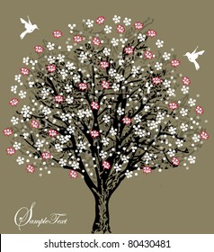 tree silhouette with white and red flowers, symbol of nature