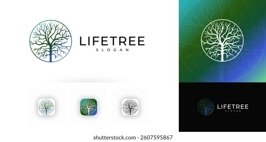 Tree silhouette within circle. Life symbol, growth concept. Minimalist line art, organic design. Environmental, health applications. Vector logo.