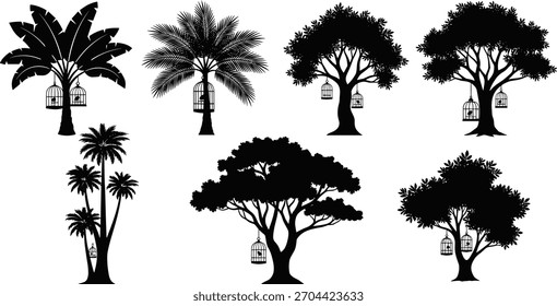 Tree silhouettes with birdcages, palm and broadleaf designs, abstract nature artwork, vector illustration bundle, decorative black trees, creative stock collection, symbolic freedom elements