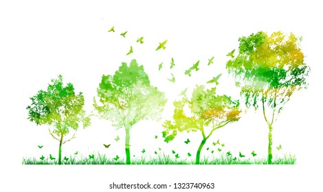 Tree silhouettes with birds. Vector