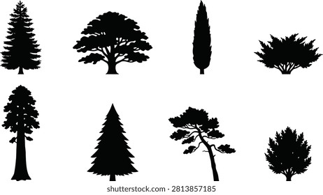 Tree Silhouettes Collection Featuring Coniferous, Deciduous, Columnar, and Bush-Like Forms