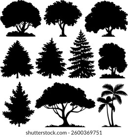 Tree silhouettes collection in vector illustration , Collection of Diverse Tree Silhouettes Featuring Various Shapes and Types
