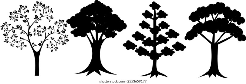 tree silhouettes. Evergreen forest firs and spruces black shapes, wild nature trees templates. Trees of different natural zones Vector illustration woodland trees set on white background