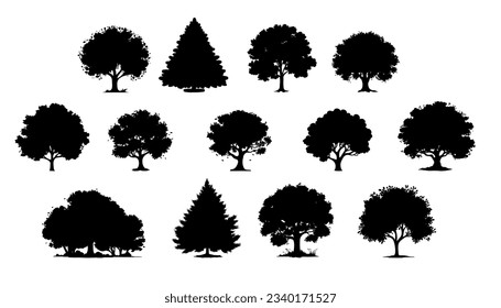 Tree silhouettes isolated on white background. Vintage trees and forest silhouettes set in monochrome style