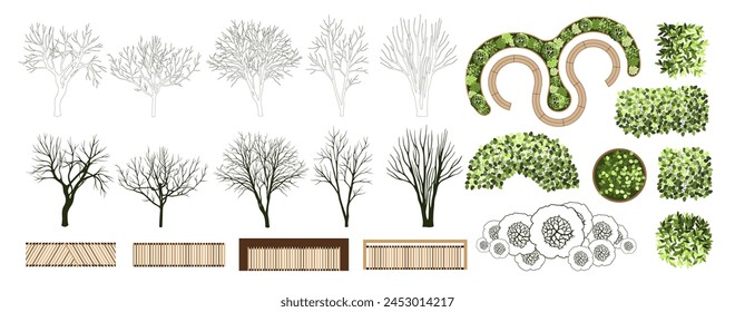 Tree silhouettes for the landscape design. Trees and benches for architectural floor plans. Entourage design. Vector illustration.
