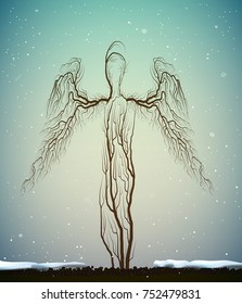 tree silhouettes looks like an angels, people like plant in winter weather, surrealism,