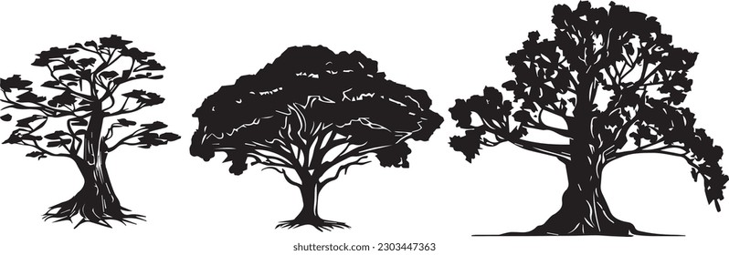 Baum-Silhouetten auf weißem Hintergrund. Vektorgrafik.