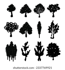 Tree silhouettes on white background. Black vector illustration. Tree black art design. Nature tree and leaf art 