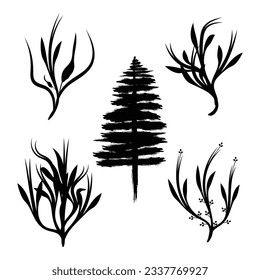 Tree silhouettes on white background. Black vector illustration. Tree black art design. Nature tree and leaf art 