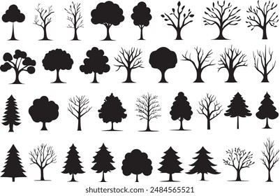 Tree silhouettes set. Black flat tree clipart bundle vector illustrations
