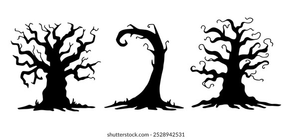 Tree silhouettes set. Black outline drawing of curved, twisted plant for Halloween. Hand drawn graphic clipart. Simple Doodle style. Nature element for spooky decor and party invitation design.