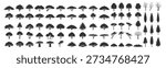 Tree silhouettes set. Outline line drawing forest trees vector illustration isolated on transparent background