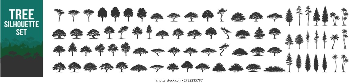 Conjunto de siluetas de árbol. Ilustración vectorial de los árboles del bosque del dibujo de la línea del contorno aislada en fondo transparente