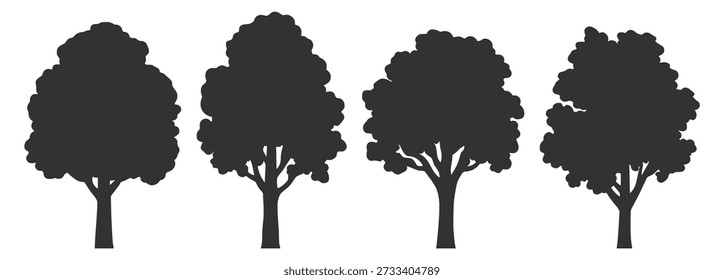 Conjunto de siluetas de árbol. Ilustración vectorial de los árboles del bosque del dibujo de la línea del contorno aislada en fondo transparente