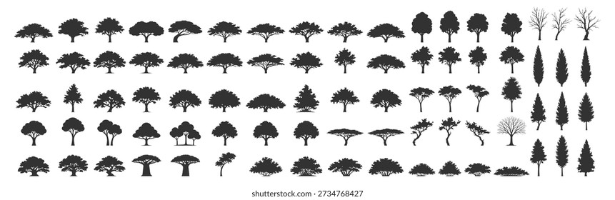 Tree silhouettes set. Outline line drawing forest trees vector illustration isolated on transparent background