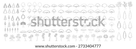 Tree silhouettes set. Outline line drawing forest trees vector illustration isolated on transparent background