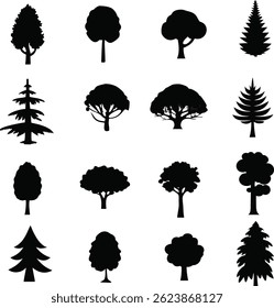  Siluetas de árboles de varios árboles sobre fondo blanco
