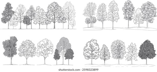 Tree Silhouettes Vector Illustration, Isolated on White Background.