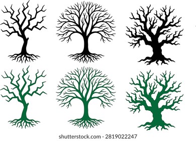 Tree silhouettes vector set featuring bare and gnarled branches