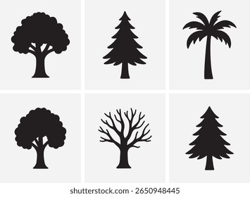 Tree Silhouettes Vector Set  Oak, Pine, Palm, and Bare Branches