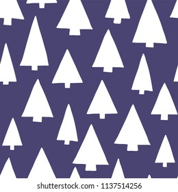 Tree silhouettes white on a dark blue background. Modern Christmas tree pattern. Seamless vector pattern. Perfect for Christmas - fabric, gift wrap, and packaging.