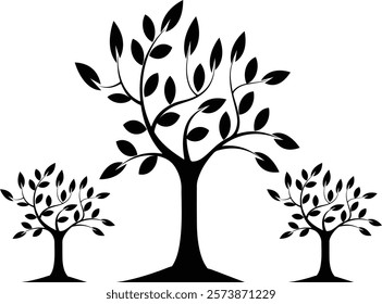 Tree silhoutte vector image black.Set of 6 black tree Silhouettes. Vector illustration isolated on white background
