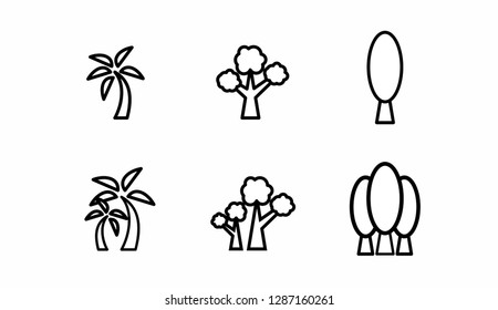 Tree simple icon set. Silhouette symbol. Negative space. Vector isolated outline minimal illustration