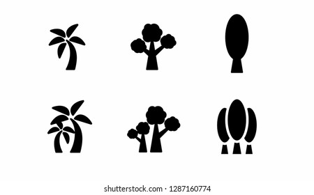 Tree simple icon set. Silhouette symbol. Negative space. Vector isolated illustration