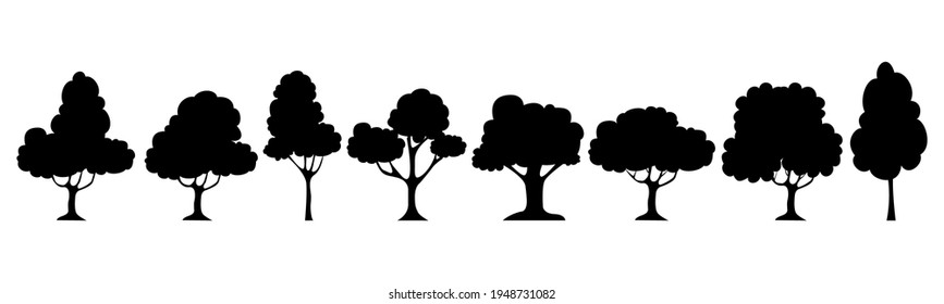 Tree simple silhouettes.Cartoon trees set . Cute plants, forest.Collection black trees. Tree big set isolated on white background.Minimal trees icons.Vector .Forest and park trees for nature design.