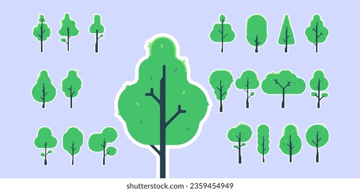 Juego de ilustraciones de pegatinas de vectores simples de árbol. Ilustraciones minimalistas simples de árboles verdes. Ilustraciones de árboles para niños.  