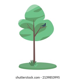 Tree with singing bird semi flat color vector object. Full sized item on white. Park and forest. Element of nature preserve simple cartoon style illustration for web graphic design and animation