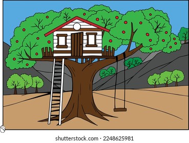 dibujos de esbozo de árbol, aprende a colorear los dibujos de árbol de mango y las casas de árboles.