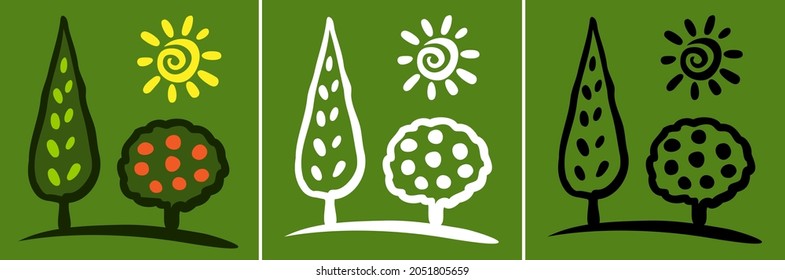 Tree sketch icon set. Life logo. Plant insignia. Environment emblem. Nature symbol. Organic icon. Sun icon. Vector illustration