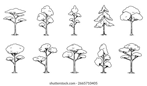 Conjunto de iconos de bocetos de árbol, Vector negro para proyectos de diseño al aire libre, parque y jardín