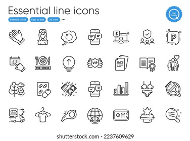 Tree, Skin condition and Event click line icons. Collection of T-shirt, Food delivery, Recovery data icons. Magistrates court, Parking, Phone messages web elements. Capsule pill. Vector