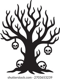 Tree with skulls hanging from its branches. The tree is black and white